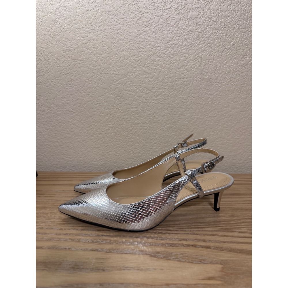 Michael Kors Alora Silver Snake Embossed Slingback Kitten Heel Pumps Womens 7.5